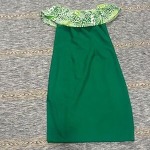 Strapless Green Dress with Patterned Ruffle